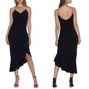 NWT XSCAPE Rhinestone Strap Ruffle High Low Midi Dress in Black Sz. 4P